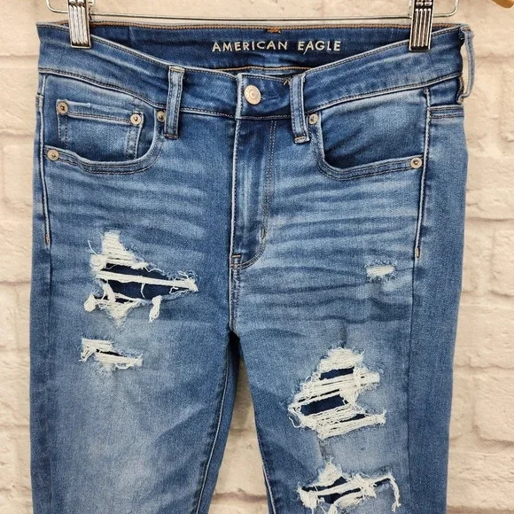 American Eagle Distressed High Rise Jegging Medium Wash Denim Flap Jeans Sz 6R - Picture 2 of 15